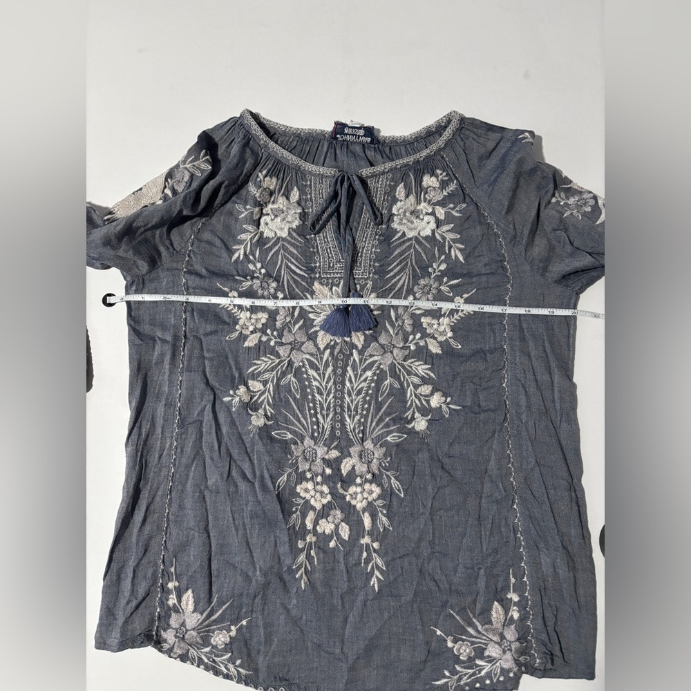 Johnny Was Workshop Oleander Marrakesh Blouse Chambray White Blue Size XS - Picture 7 of 11